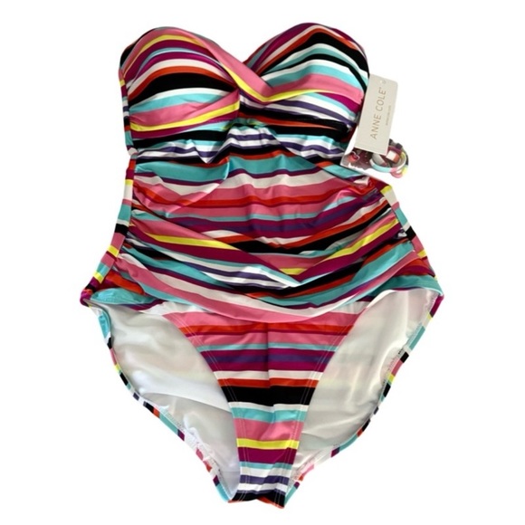 NEW Anne Cole One Piece Swimsuit Twist Front Bandeau Purple Multi Stripe Size 12 - Picture 8 of 8
